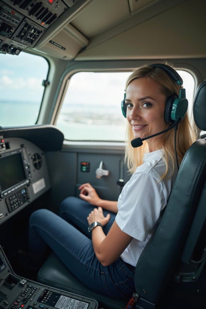 ai generated, woman, pilot, woman pilot, beautiful, profession, airplane, aviation, aircraft, flying, cockpit, flight, nature, portrait, sky, navigator, uniform, headset, confident, self dependent
